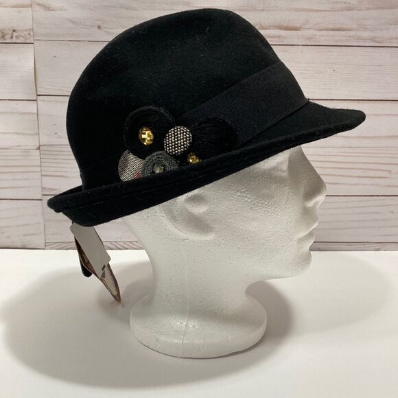 Scala Collezione Black 100% Wool Floral Detail Hat - Picture 2 of 13